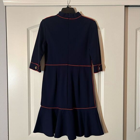 E. Kexin Vintage Blue and Coral Stitching Midi Half Sleeve Midi Dress L - Picture 2 of 7